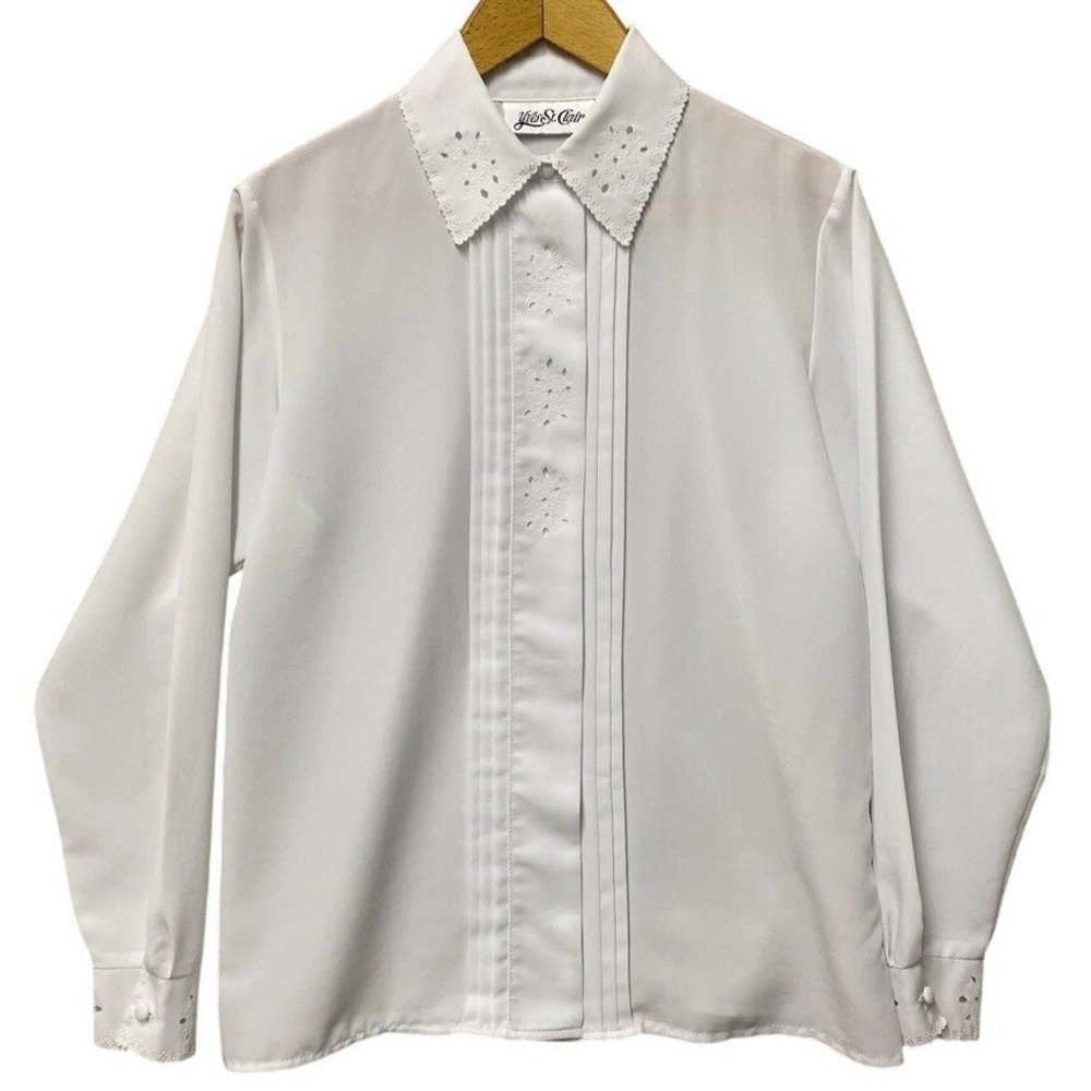 Yves St Clair Vintage White Eyelet Scalloped Collar Pleated Blouse Womens L 40"